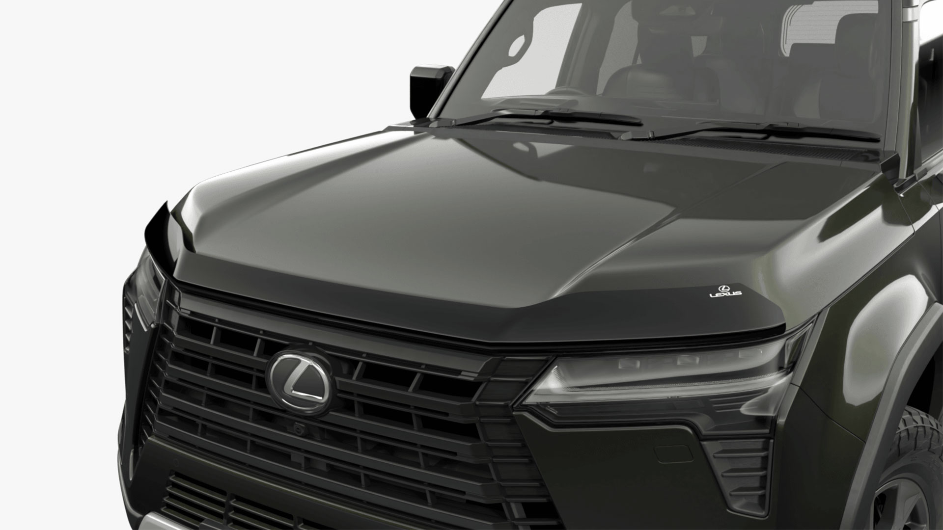 Close-up of Lexus GX showcasing the optional tinted bonnet protector accessory. 