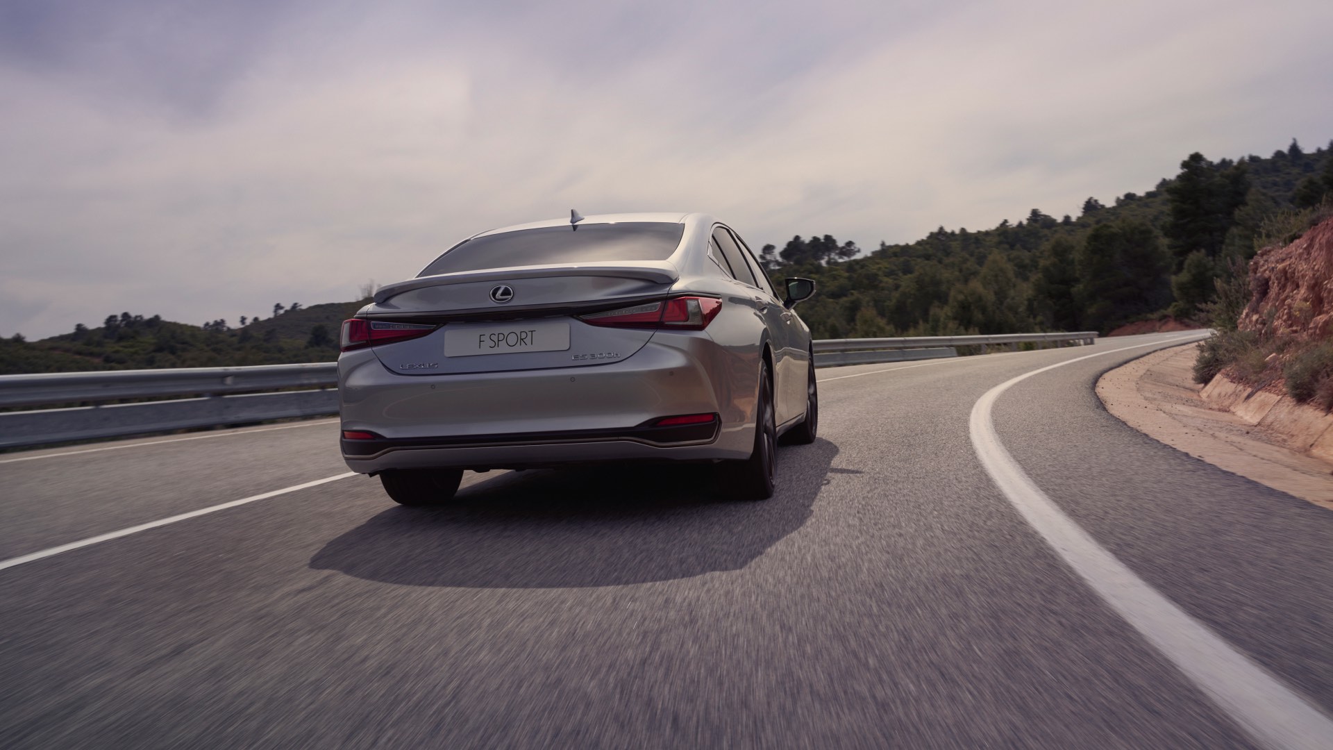 The rear view of a silver Lexus ES F Sport as it speeds along a highway.