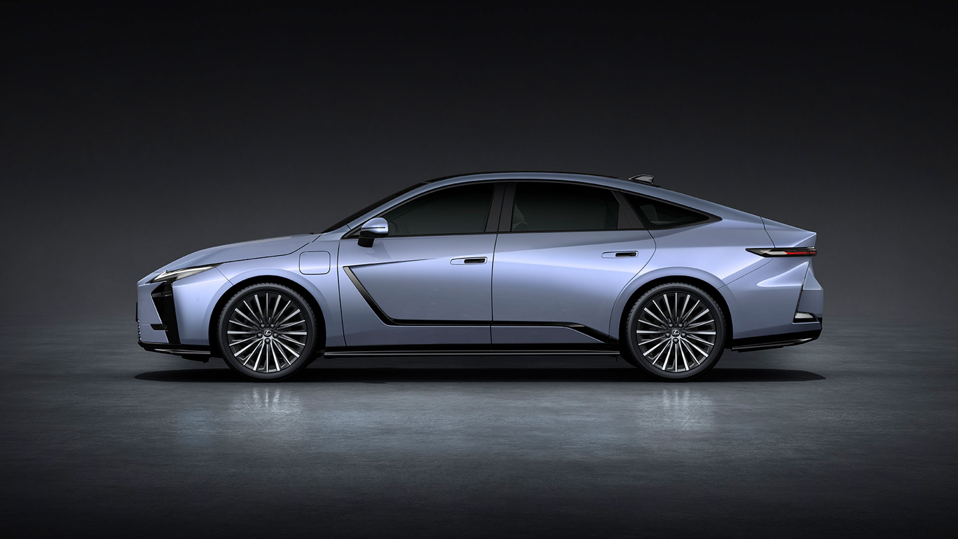 Light blue 2026 Lexus ES 350e all-electric sedan, side profile view.